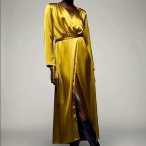 NWT- Zara Women's olive green dark mustard yellow satin like maxi wrap dress S